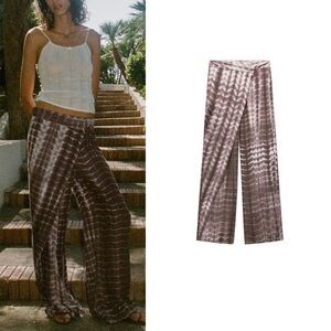 Zara gray taupe brown tie-dye wrap sarong pants Sz S NWOT beach vacation boho